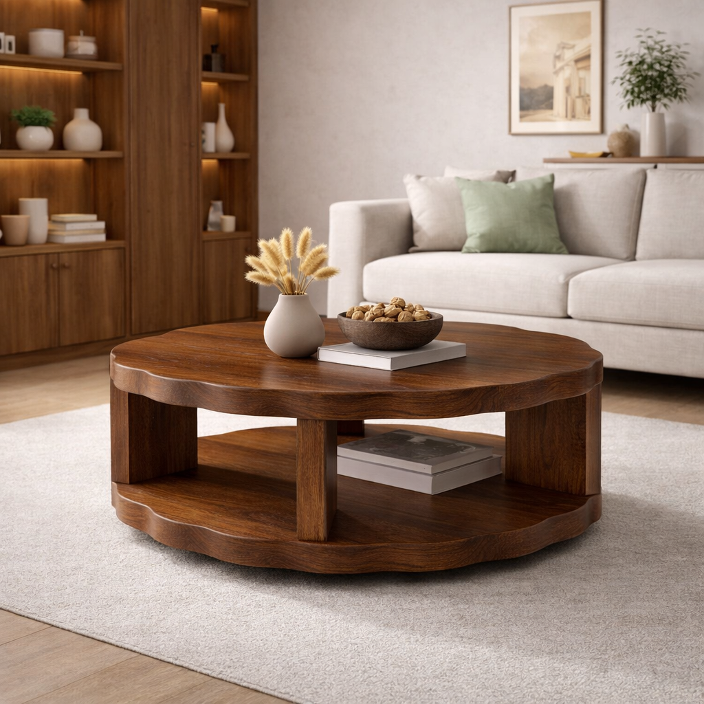 Round Solid Wood Coffee Table with Storage Shelf and Thick Slab Design - view 1 of 9