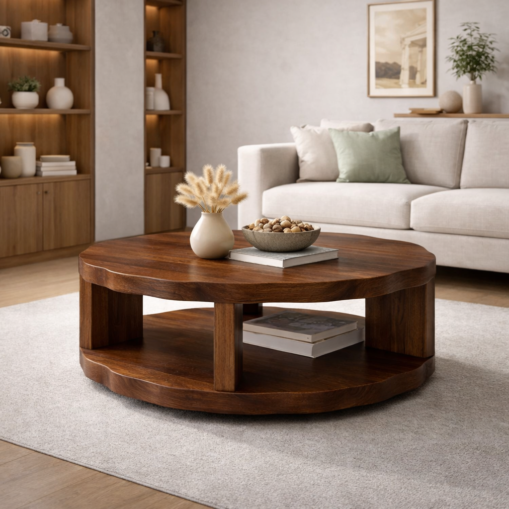 Round Solid Wood Coffee Table with Storage Shelf and Thick Slab Design - view 3 of 9