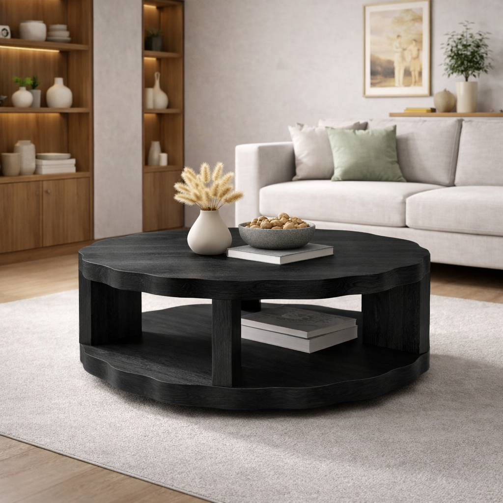 Round Solid Wood Coffee Table with Storage Shelf and Thick Slab Design - view 5 of 9