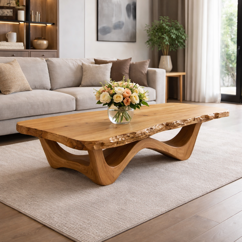 Live Edge Solid Wood Coffee Table with Sculptural Base and Natural Grain - view 4 of 9