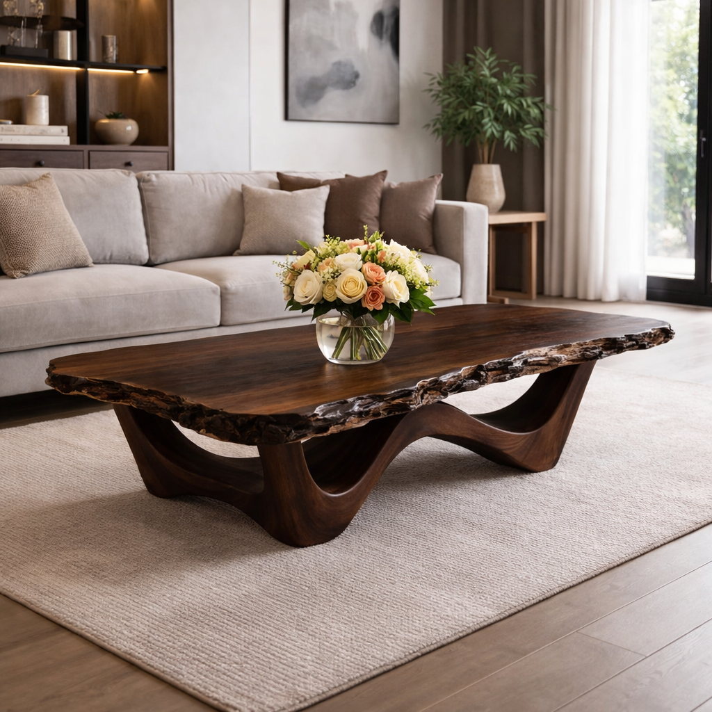 Live Edge Solid Wood Coffee Table with Sculptural Base and Natural Grain - view 3 of 9