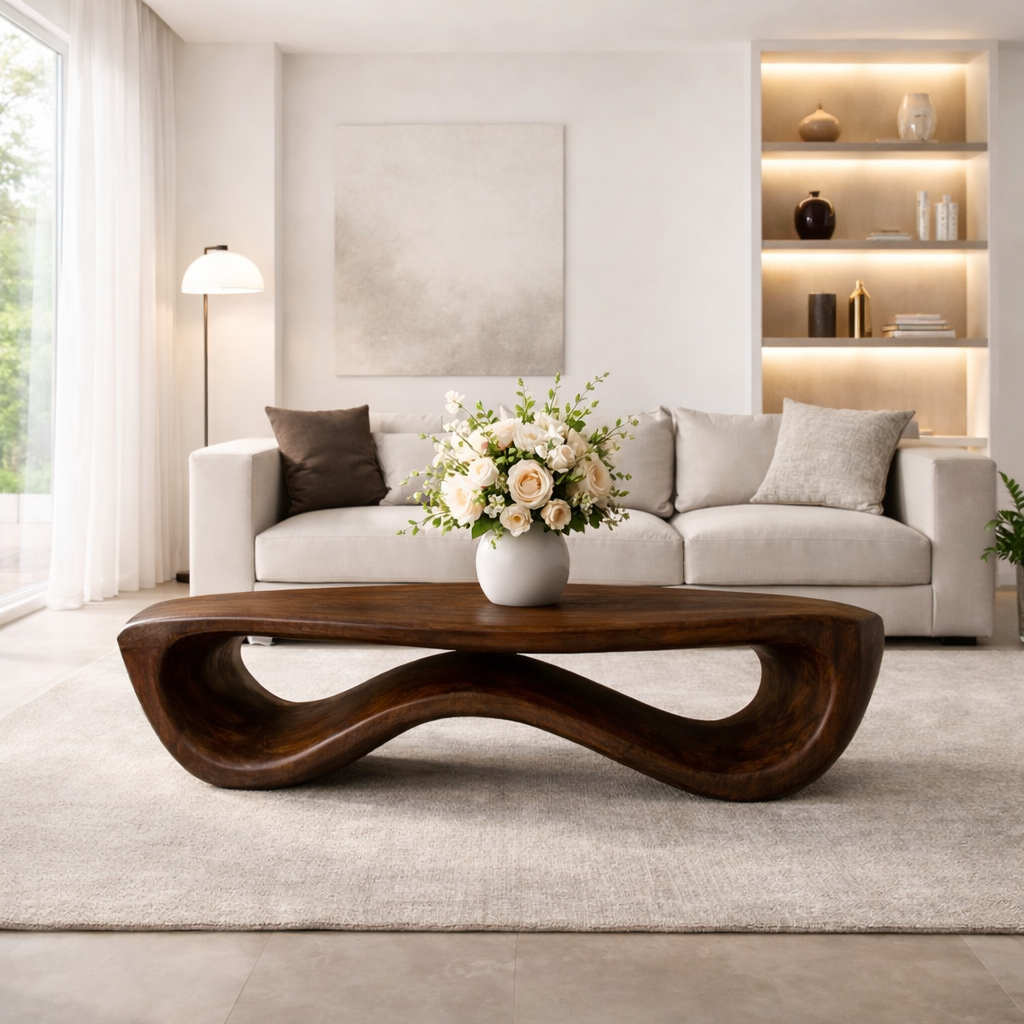Organic Solid Wood Coffee Table with Sculptural Wave Base and Natural Finish - view 5 of 9