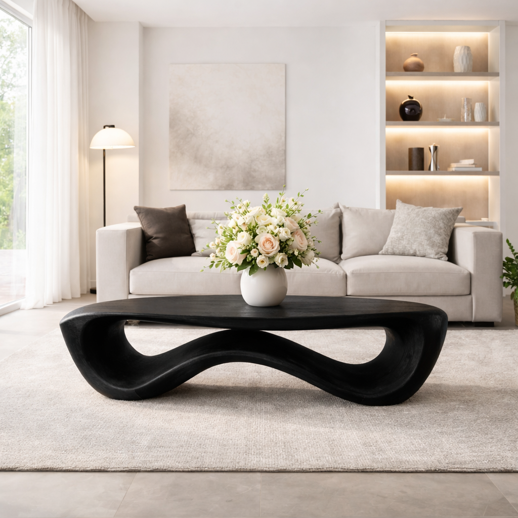 Organic Solid Wood Coffee Table with Sculptural Wave Base and Natural Finish - view 4 of 9