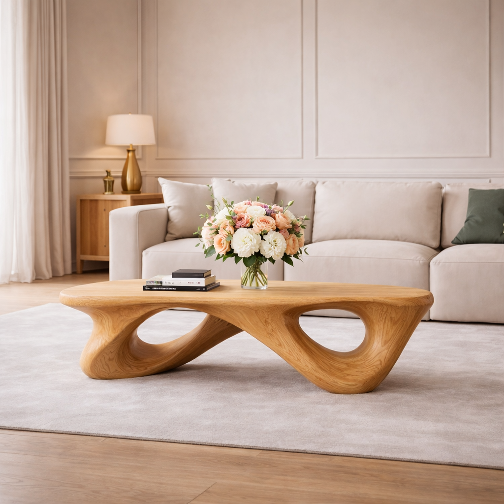 Handcrafted Solid Wood Coffee Table with Sculptural Open Loop Base - view 5 of 9