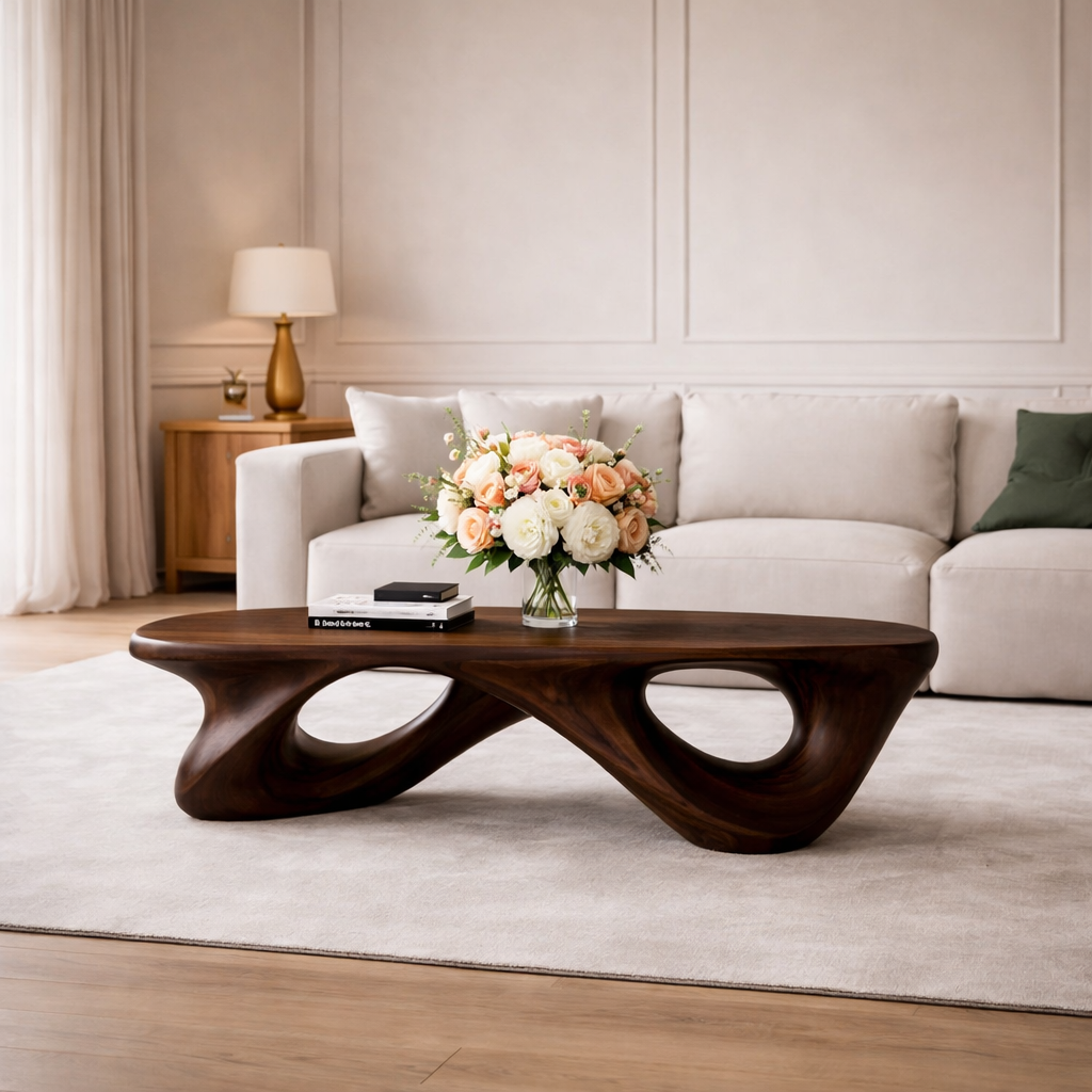 Handcrafted Solid Wood Coffee Table with Sculptural Open Loop Base - view 4 of 9