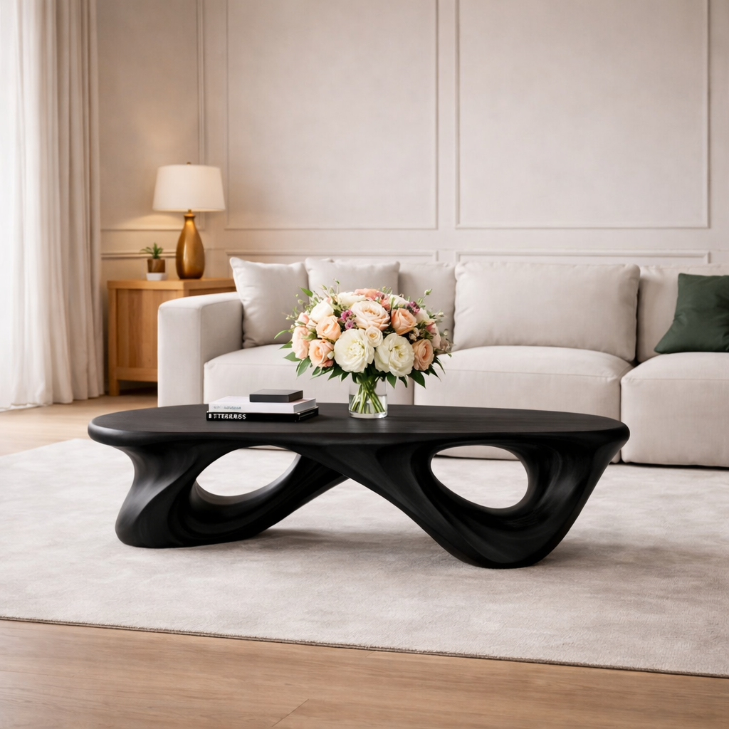 Handcrafted Solid Wood Coffee Table with Sculptural Open Loop Base - view 3 of 9