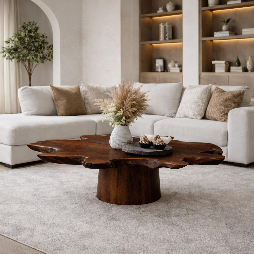 Solid Wood Live Edge Coffee Table with Thick Slab Top & Pedestal Base - view 3 of 9