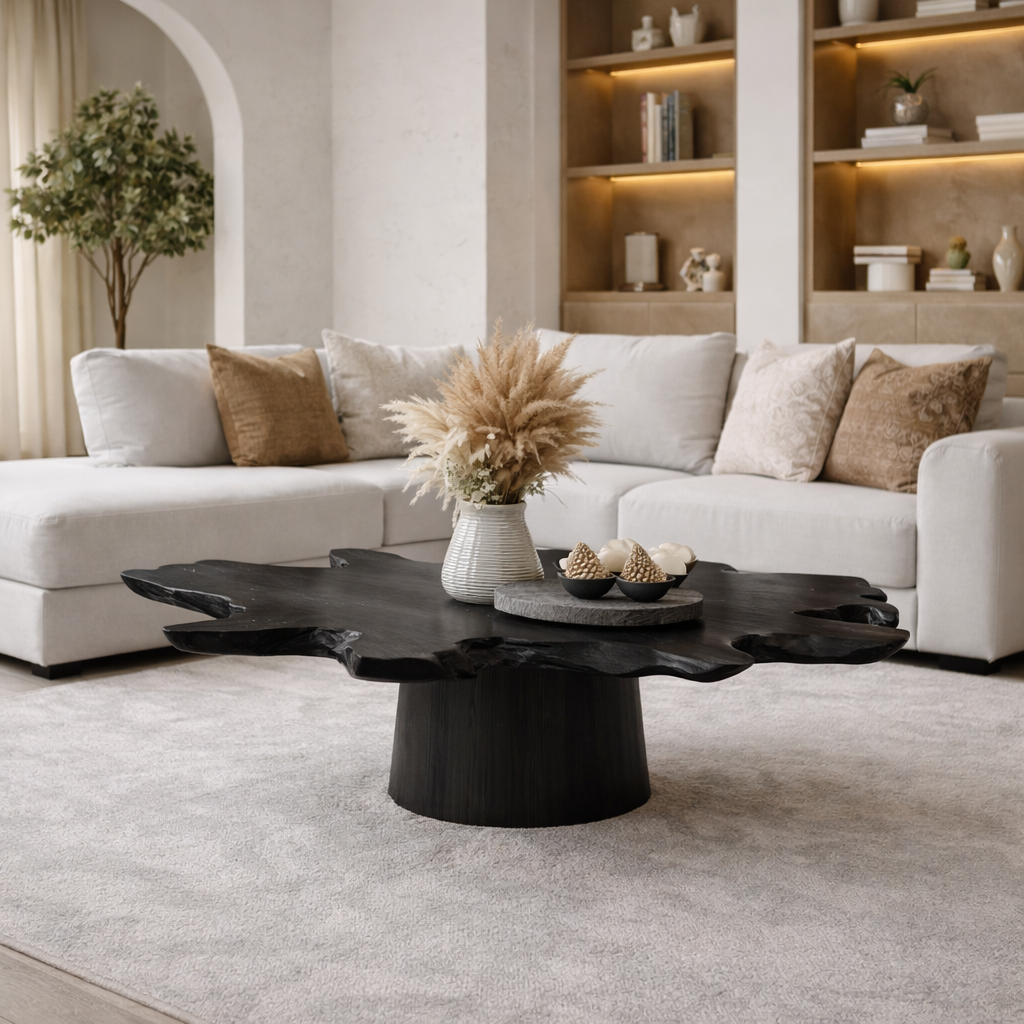 Solid Wood Live Edge Coffee Table with Thick Slab Top & Pedestal Base - view 5 of 9