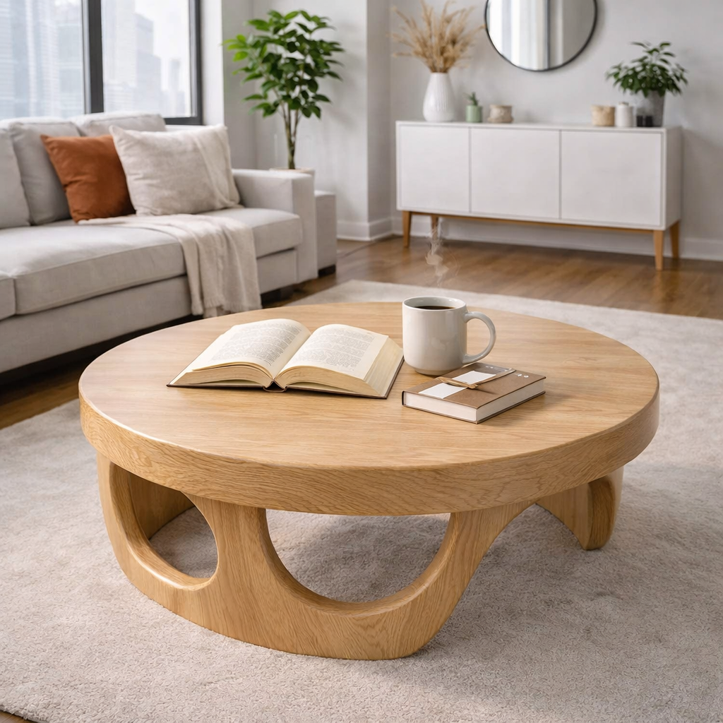 Round Solid Wood Coffee Table with Sculptural Base and Rich Walnut Finish - view 5 of 9