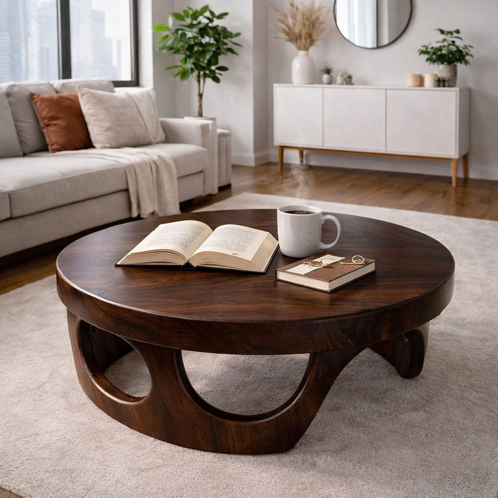 Round Solid Wood Coffee Table with Sculptural Base and Rich Walnut Finish - view 1 of 9