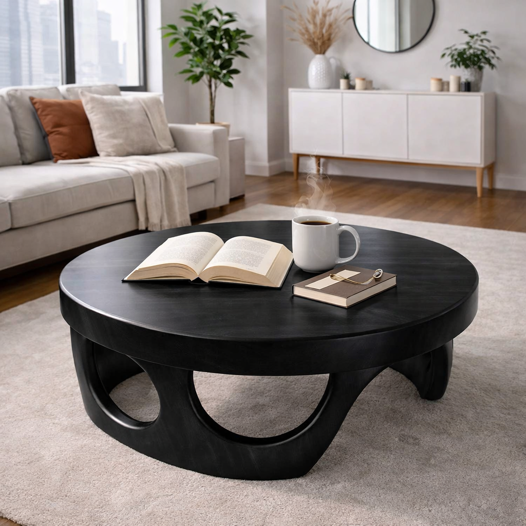 Round Solid Wood Coffee Table with Sculptural Base and Rich Walnut Finish - view 4 of 9