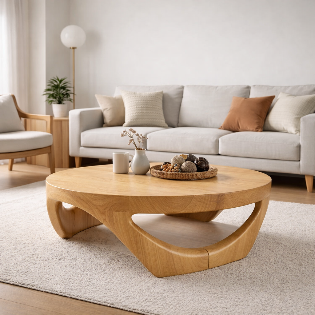 Round Solid Wood Coffee Table with Sculptural Base in Deep Walnut Finish - view 4 of 9