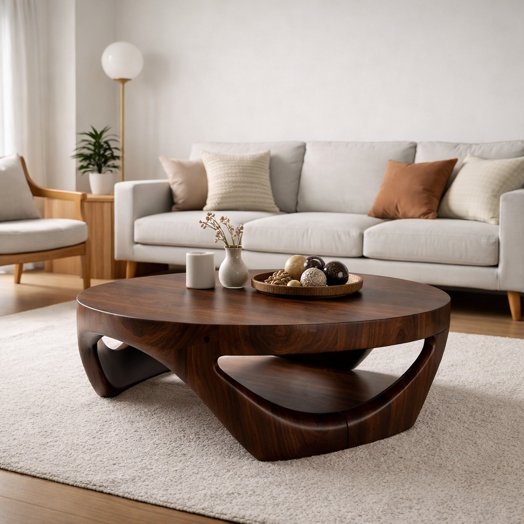 Round Solid Wood Coffee Table with Sculptural Base in Deep Walnut Finish - view 3 of 9