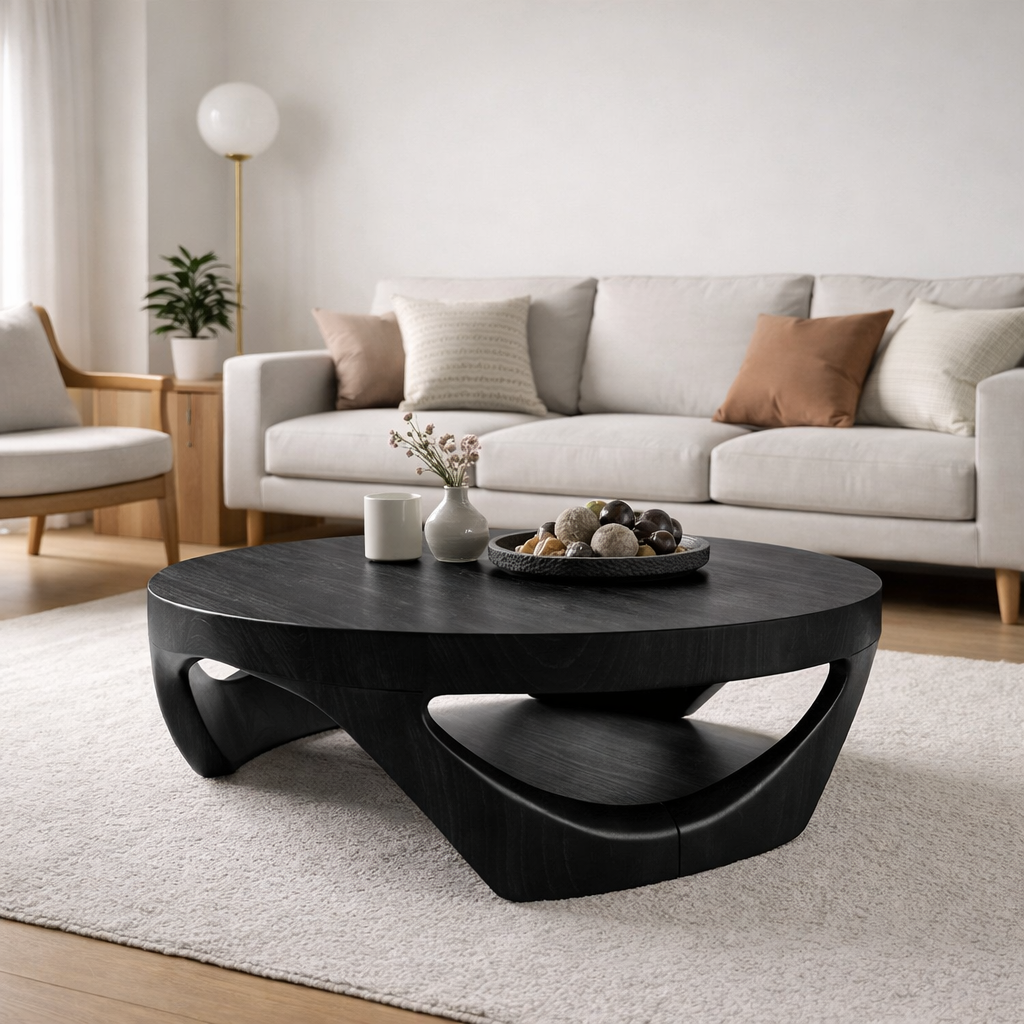 Round Solid Wood Coffee Table with Sculptural Base in Deep Walnut Finish - view 5 of 9