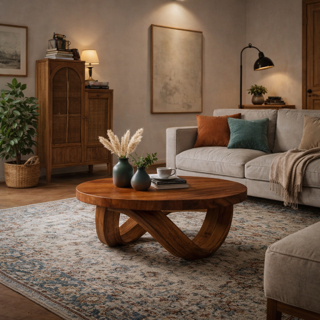 Round Solid Wood Coffee Table with Sculptural Curved Base in Warm Walnut Tone - view 5 of 9