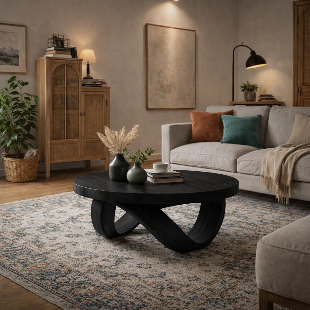 Round Solid Wood Coffee Table with Sculptural Curved Base in Warm Walnut Tone - view 4 of 9
