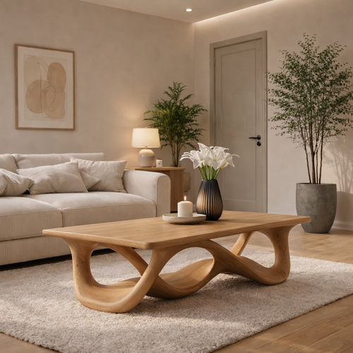 Solid Wood Coffee Table with Sculptural Wave Base in Light Oak Finish - view 1 of 9