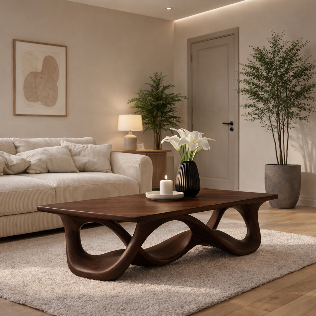 Solid Wood Coffee Table with Sculptural Wave Base in Light Oak Finish - view 5 of 9