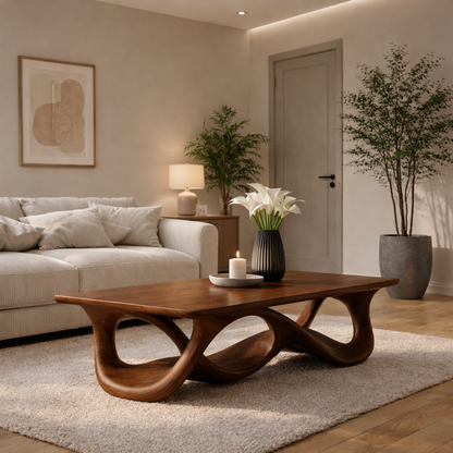 Solid Wood Coffee Table with Sculptural Wave Base in Light Oak Finish - view 3 of 9