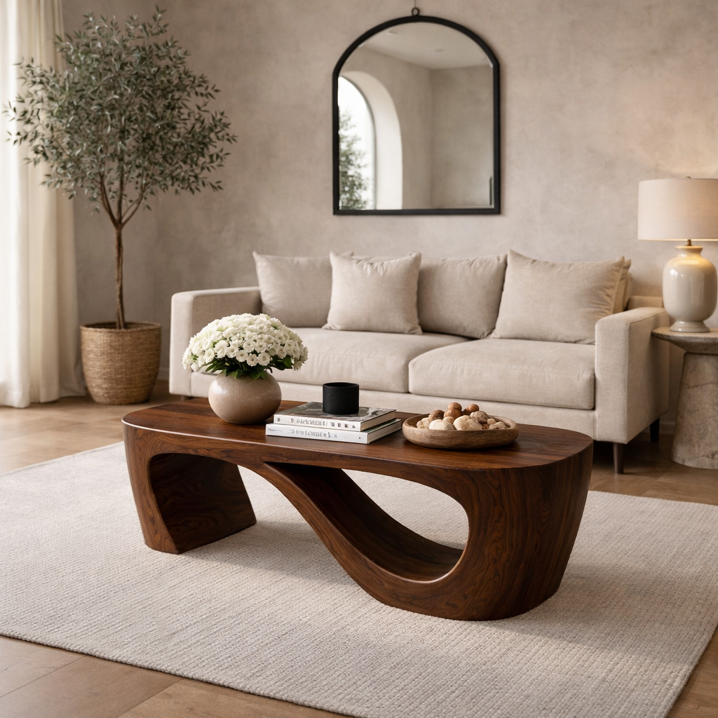 Solid Wood Coffee Table with Sculptural Curved Base and Organic Minimal Design - view 3 of 8