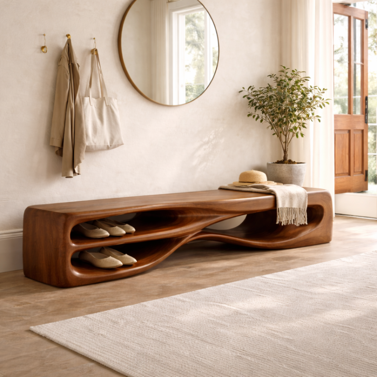 Modern Entryway Bench with Shoe Storage Sculptural Hallway Seat Statement Furniture - view 2 of 7