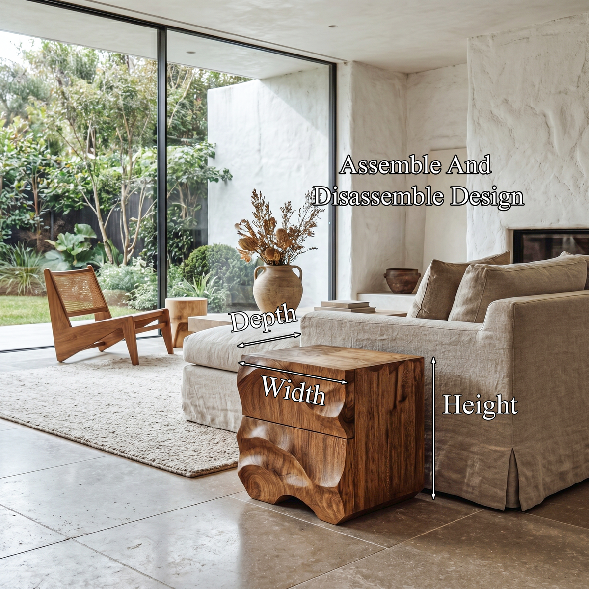 Rustic Sculptural Side Table With Hand Carved Solid Wood Base For Living Room And Bedroom - view 8 of 8