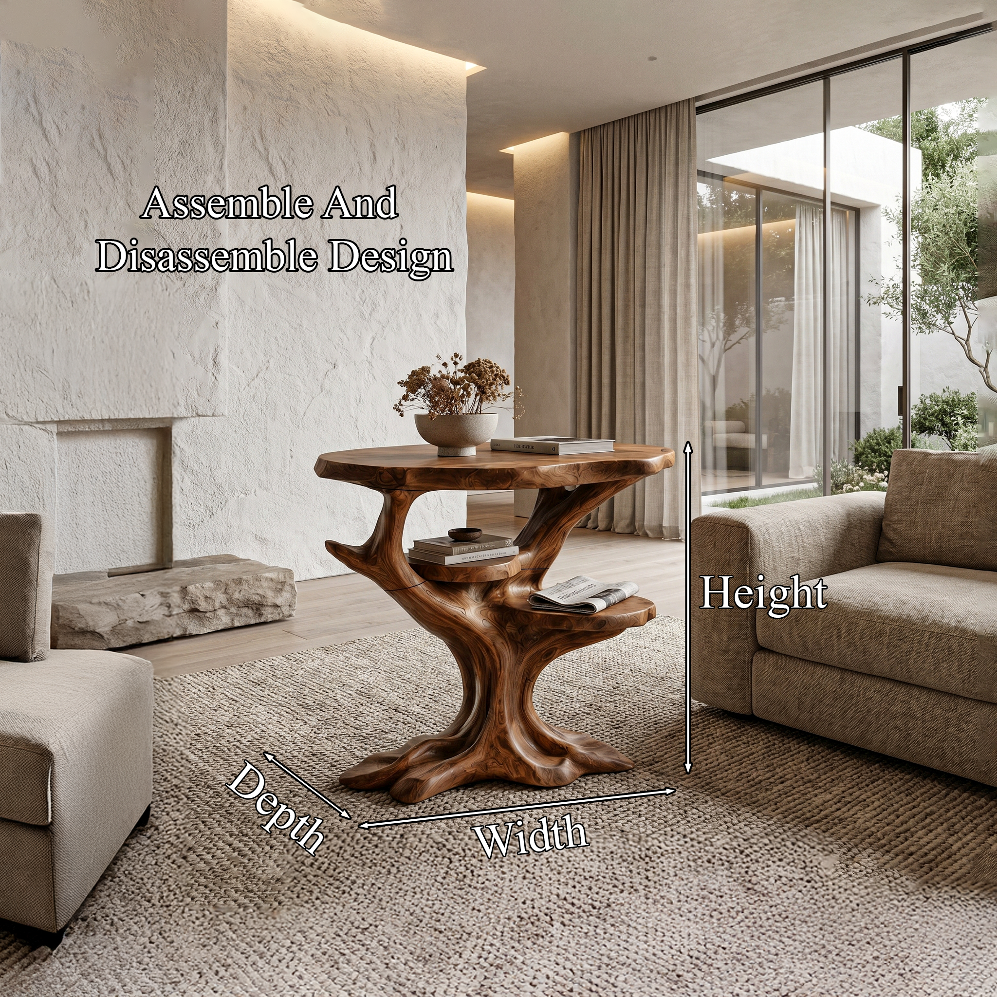 Organic Sculptural Side Table With Solid Wood Display Shelves For Living Room And Bedroom - view 8 of 8