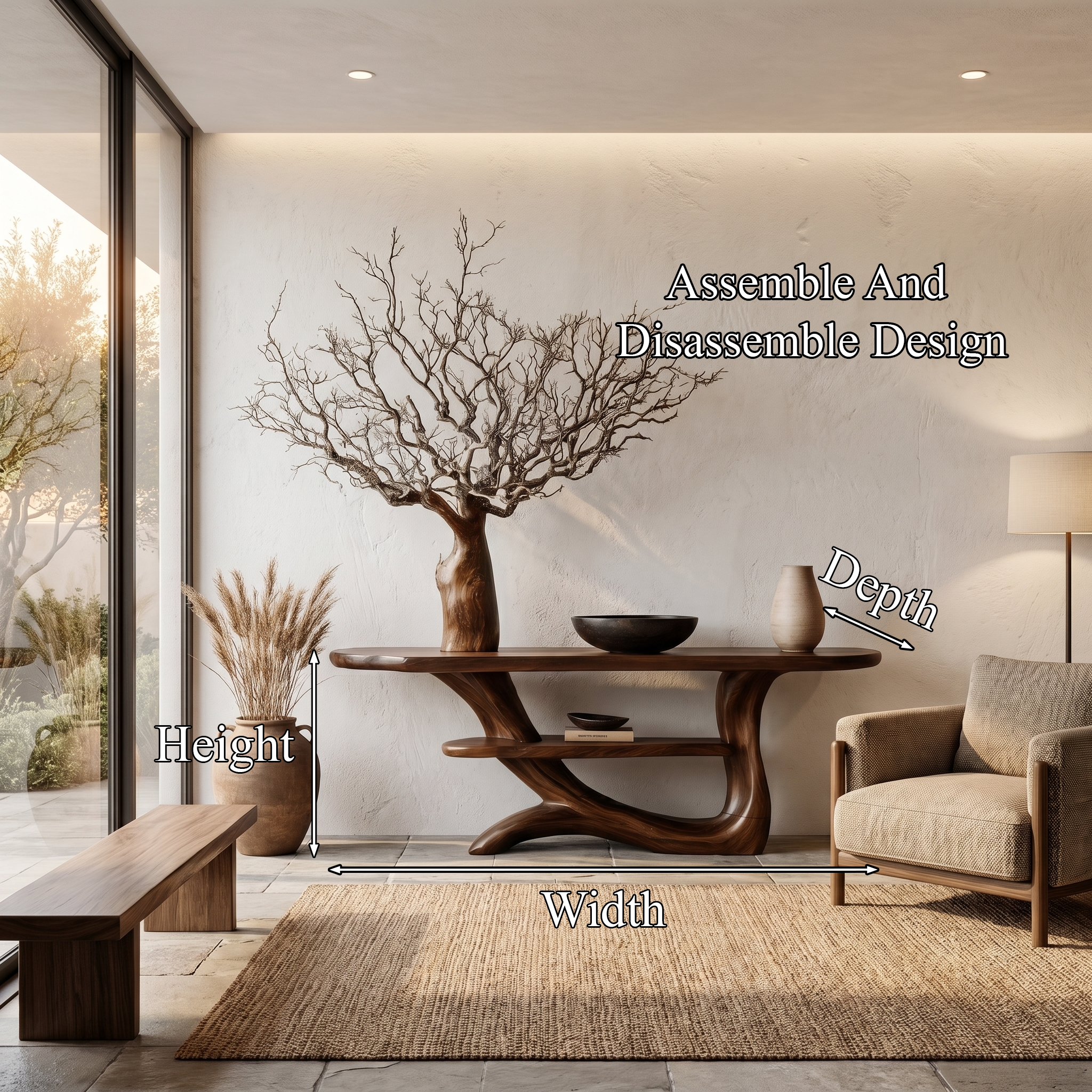 Rustic Console Table With Tree Inspired Solid Wood Base And Display Shelf - view 8 of 8