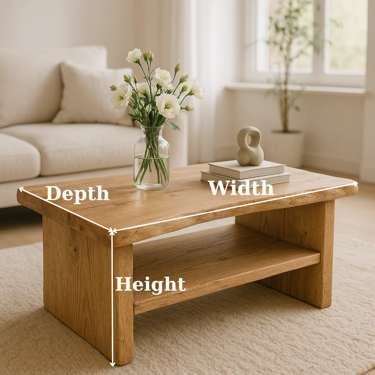 Handcrafted Solid Oak Coffee Table - Live Edge, Rustic Modern with Open Shelf - view 3 of 6