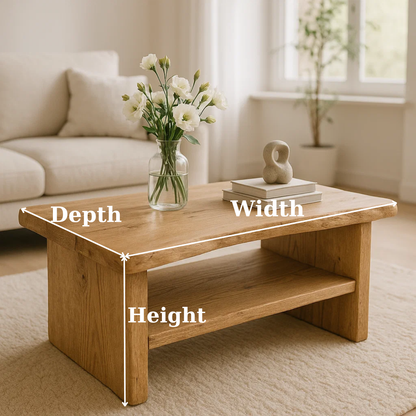 Handcrafted Solid Oak Coffee Table - Live Edge, Rustic Modern with Open Shelf - view 3 of 6