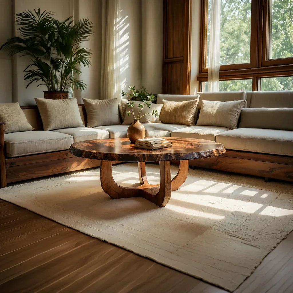 Round Natural Wood Coffee Table with Curved Open Sculptural Base - view 2 of 7