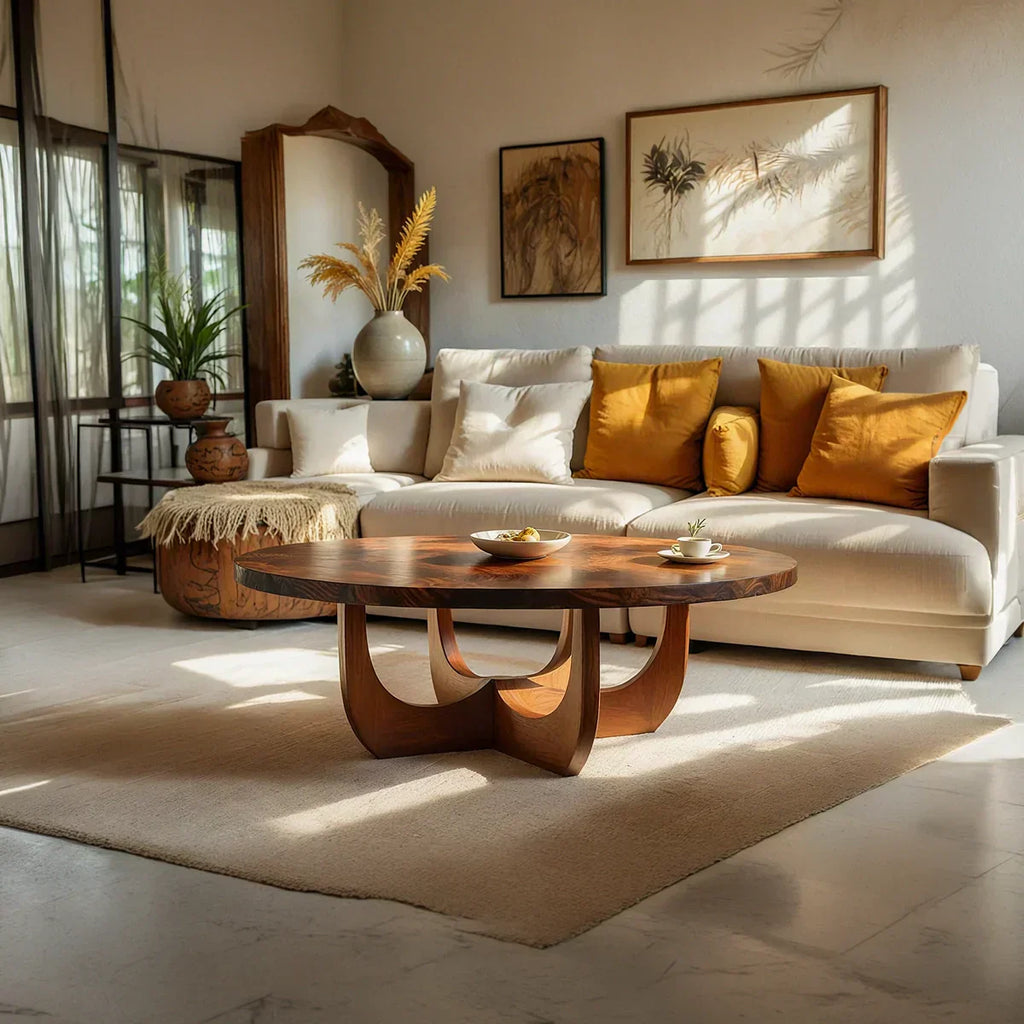 Round Natural Wood Coffee Table with Sculptural Curved Base - view 2 of 6