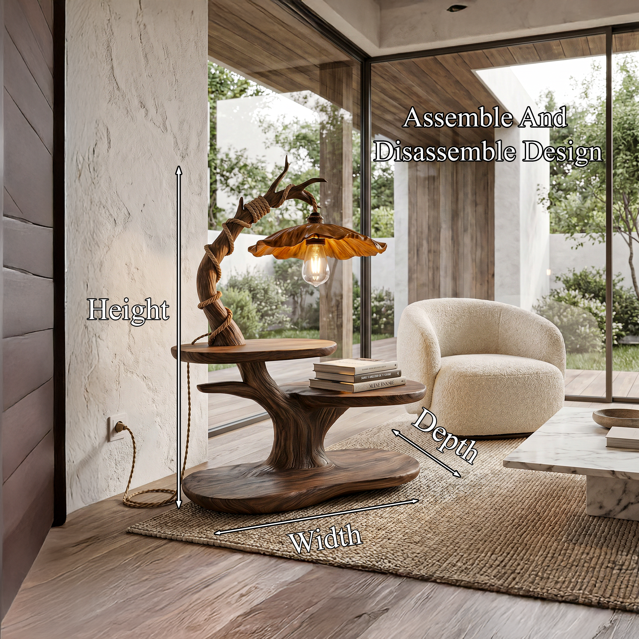 Sculptural Beside Table With Tree Branch Lamp And Open Storage Shelves For Living Room - view 8 of 8