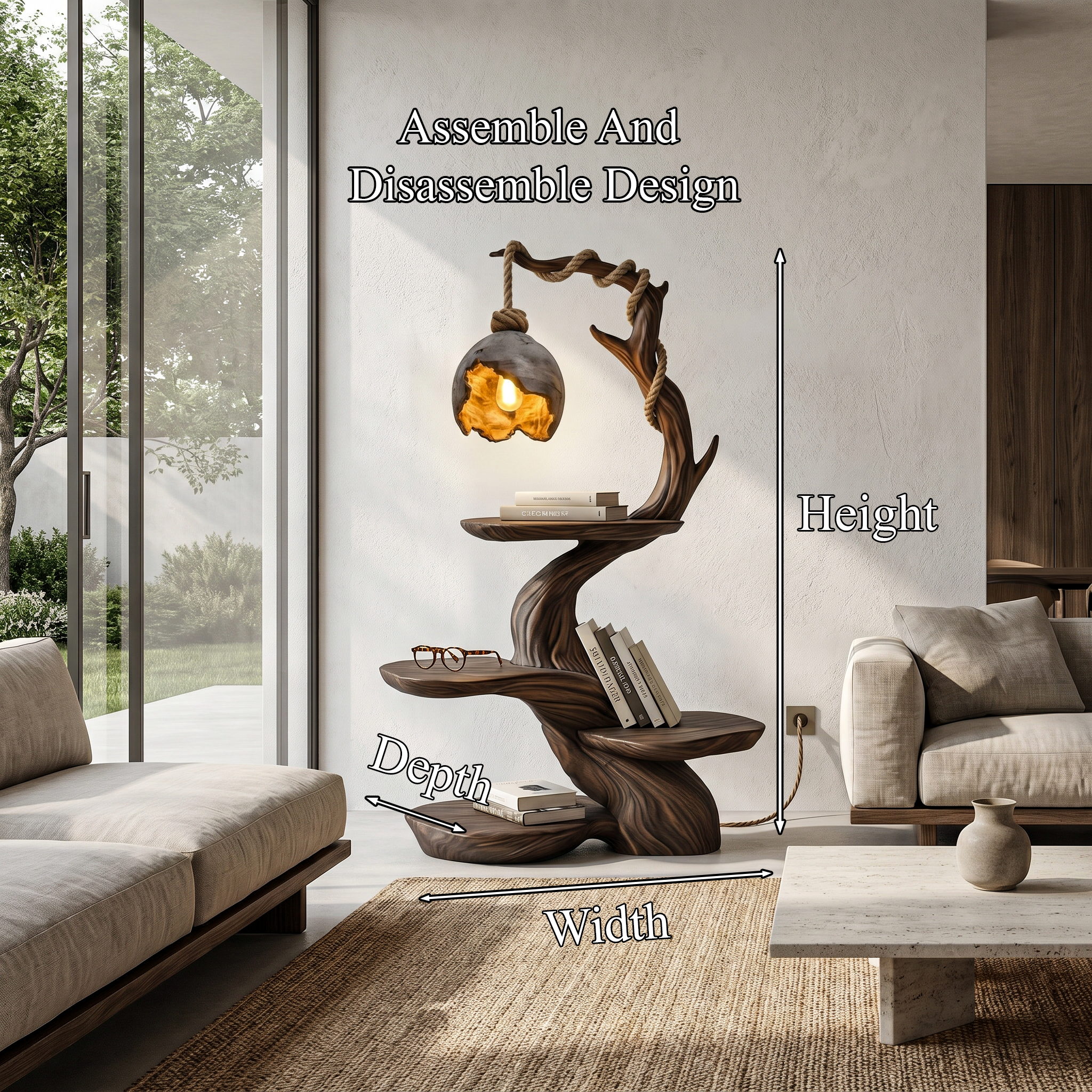 Nature Inspired Beside Table With Sculptural Tree Form And Ambient Lamp For Living Room - view 8 of 8