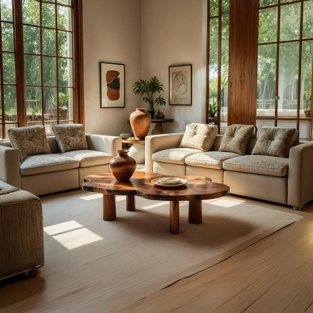 Organic Live Edge Natural Wood Coffee Table with Cylindrical Leg Base - view 3 of 7