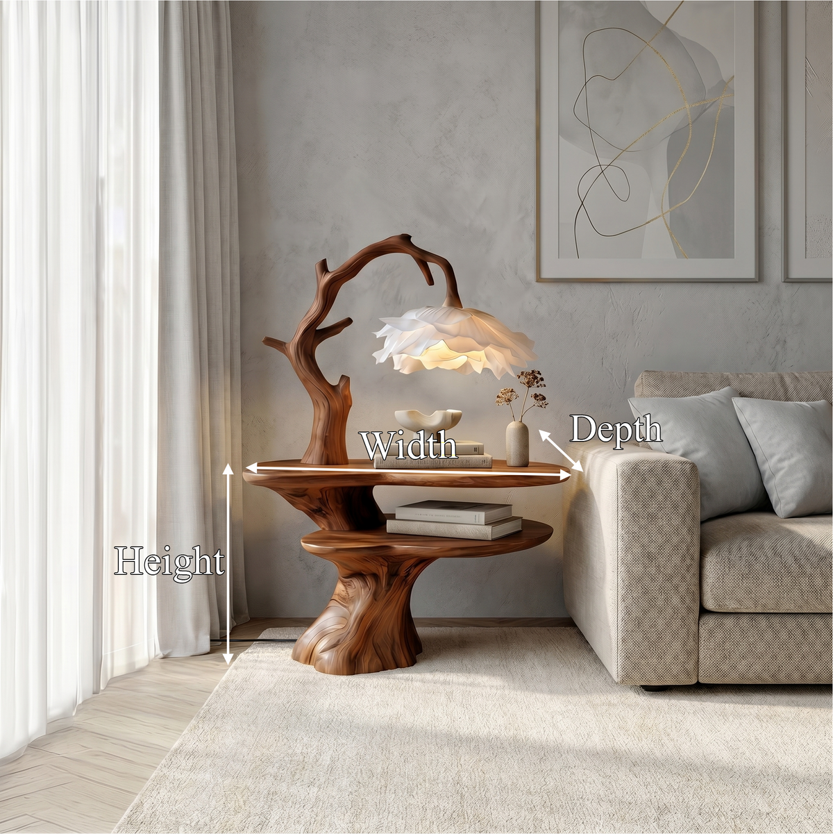 Natural Bedside Table With Floral Lamp And Tree Branch Form For Bedroom And Guest Room - view 8 of 8