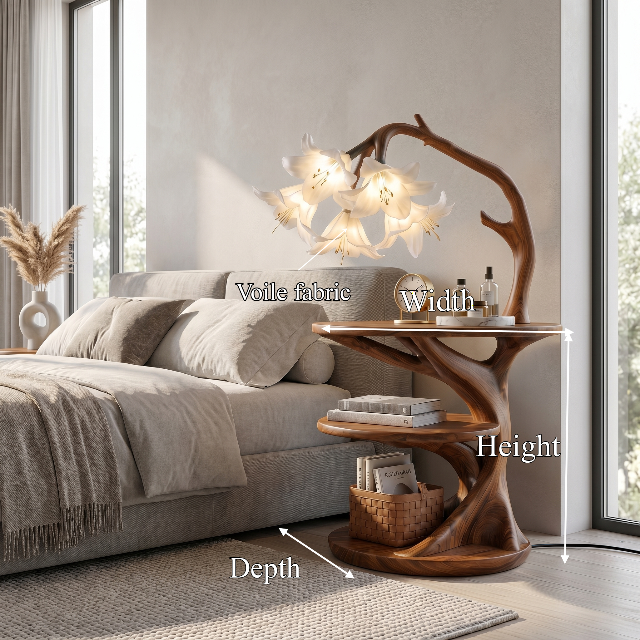 Rustic Side Table With Flower Shade Lamp For Bedroom And Living Room - view 8 of 8