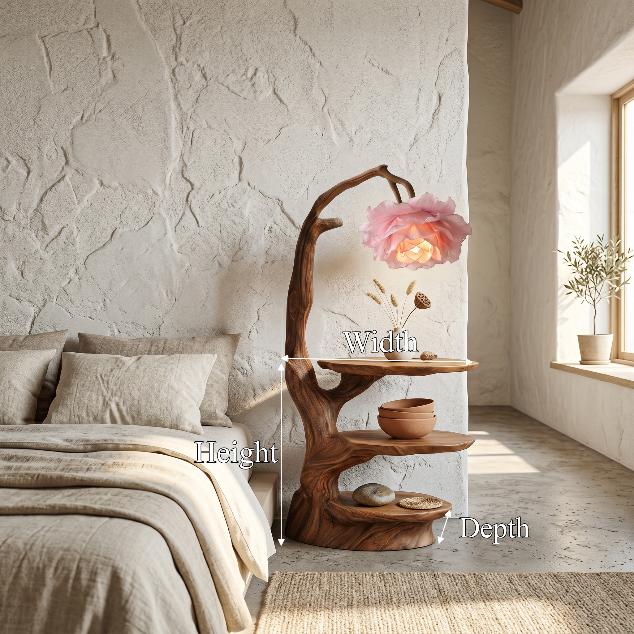 Natural End Table With Tree Branch Form And Flower Lamp For Bedroom And Reading Nook - view 8 of 8