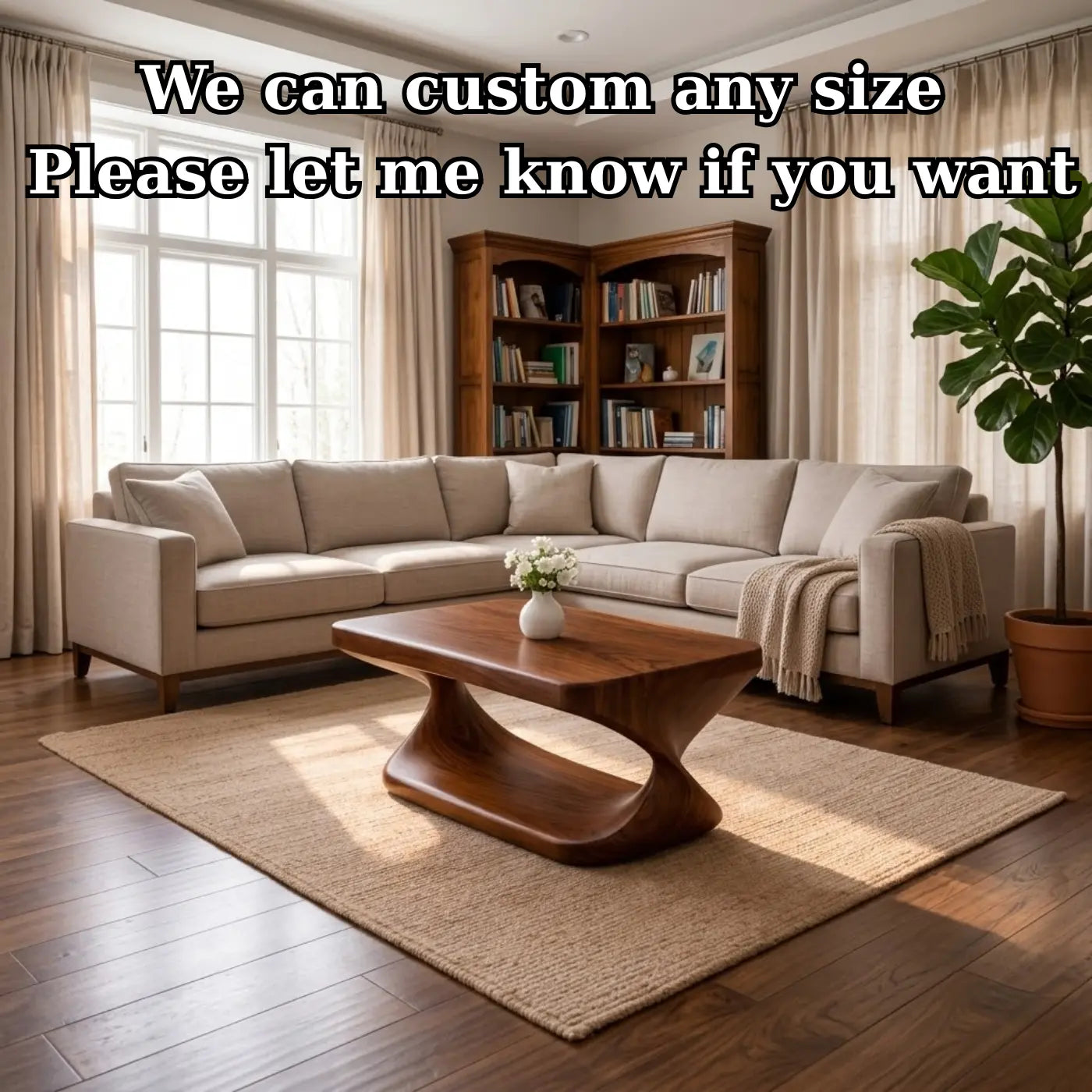 Modern Solid Wood Coffee Table with Sculptural Curved Base and Rectangular Wood Top - view 7 of 9