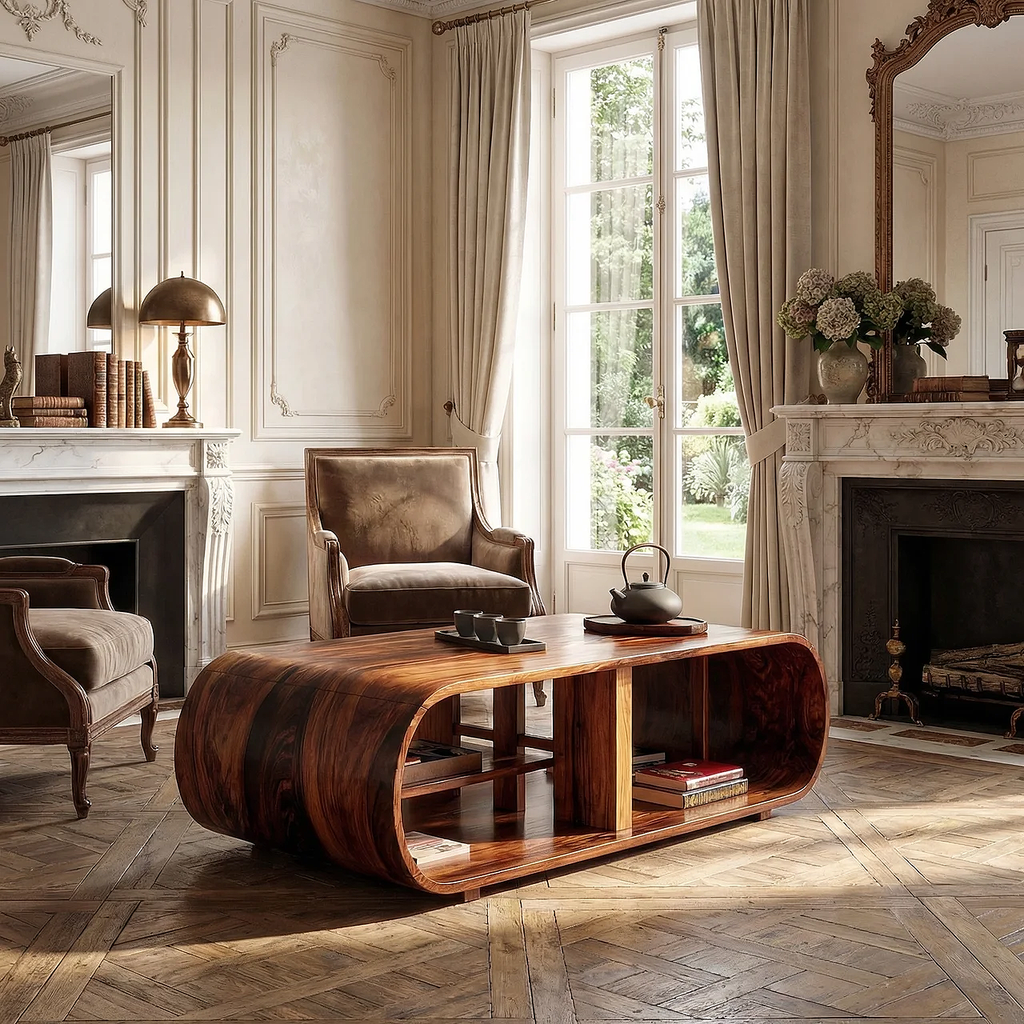 Curved Waterfall Coffee Table with Integrated Open Shelving - view 2 of 7