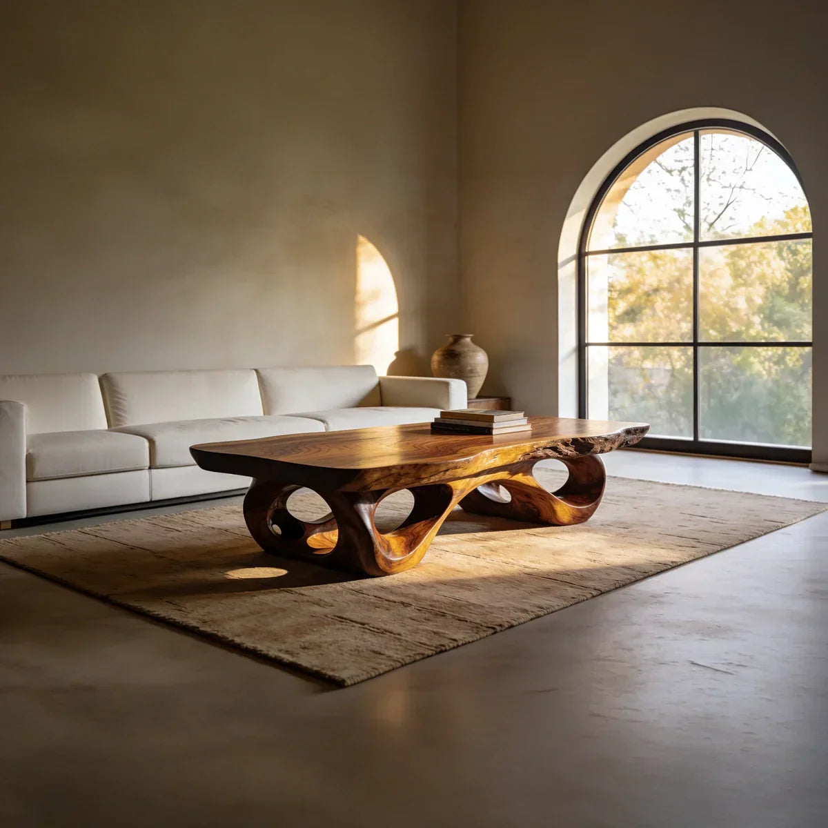 Sculptural Natural Wood Coffee Table with Organic Carved Base - view 2 of 7