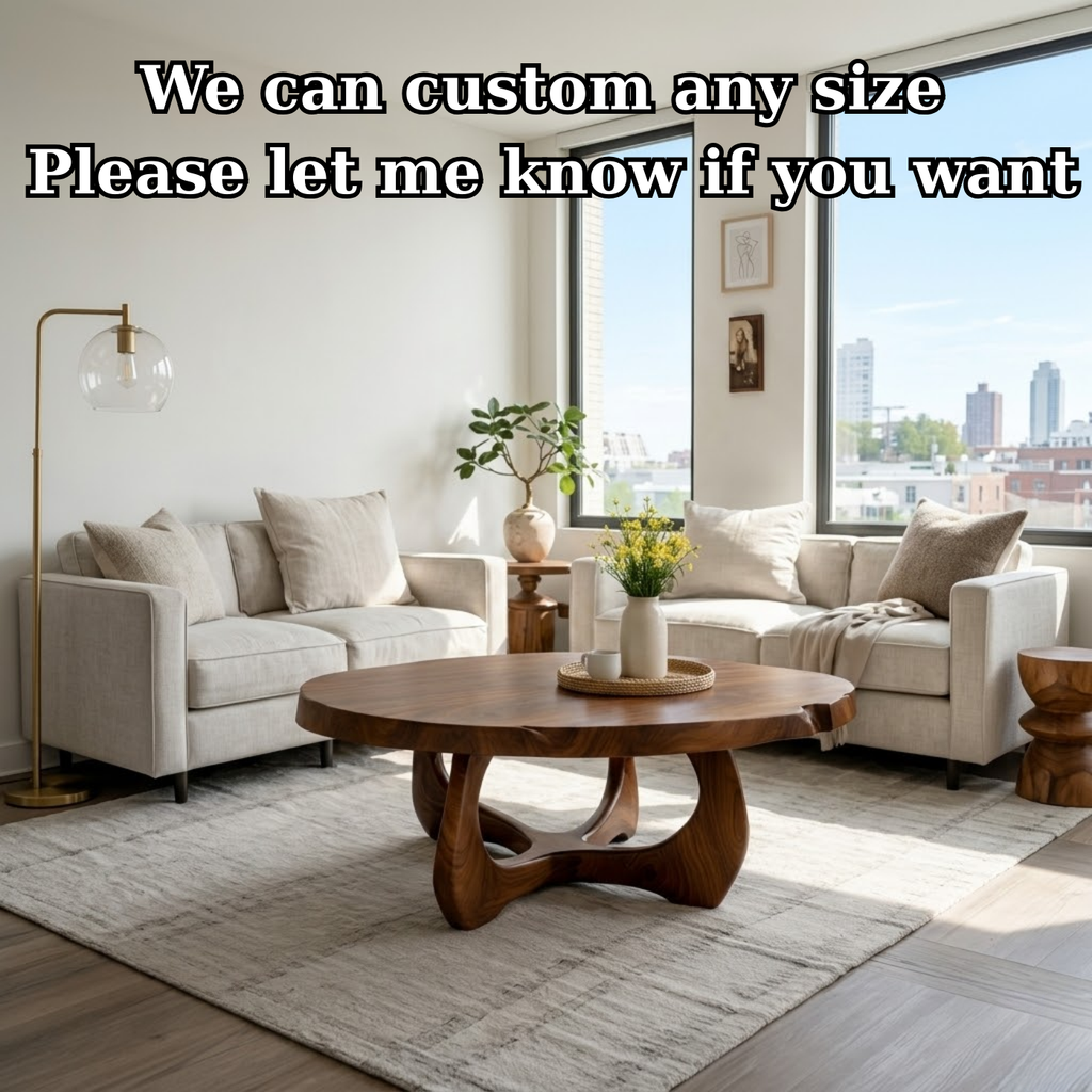 Modern Round Solid Wood Coffee Table with Sculptural Pedestal Base - view 7 of 9