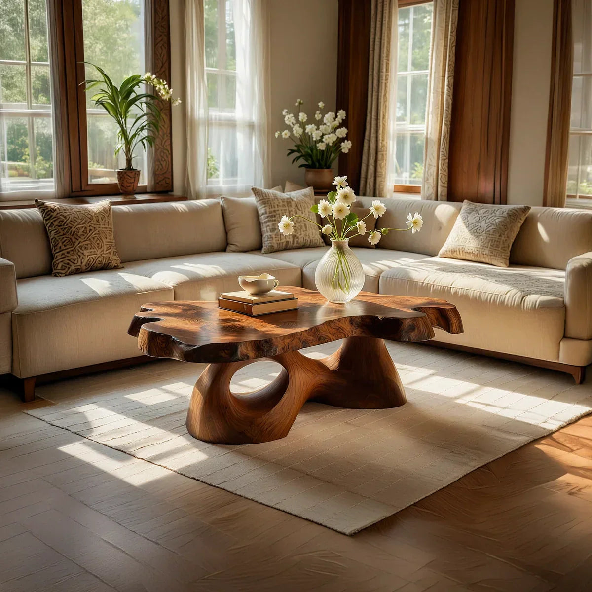 Sculptural Live Edge Natural Wood Coffee Table with Carved Base - view 2 of 7