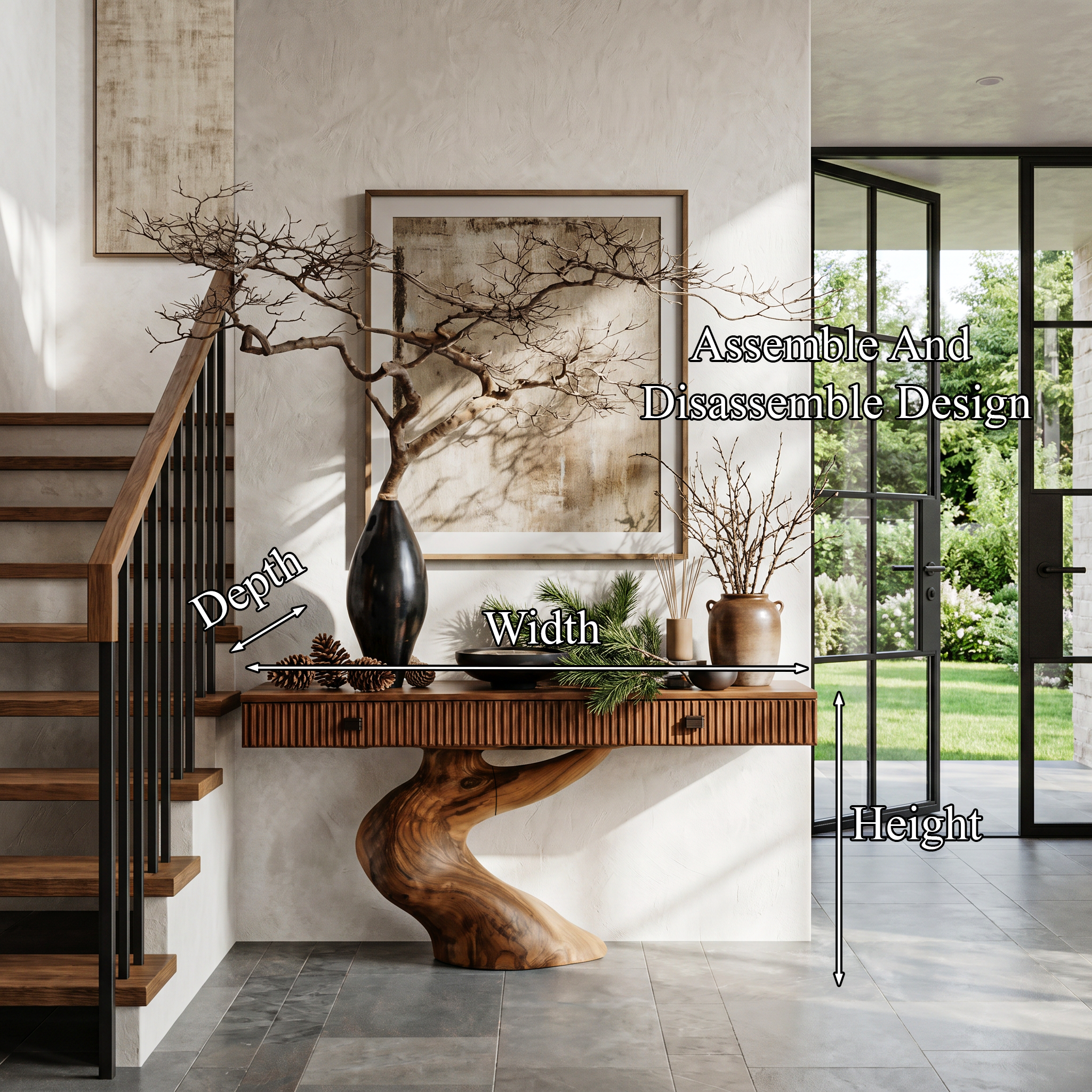 Rustic Console Table With Integrated Drawers And Artistic Tree Root Pedestal For Living Room - view 8 of 8