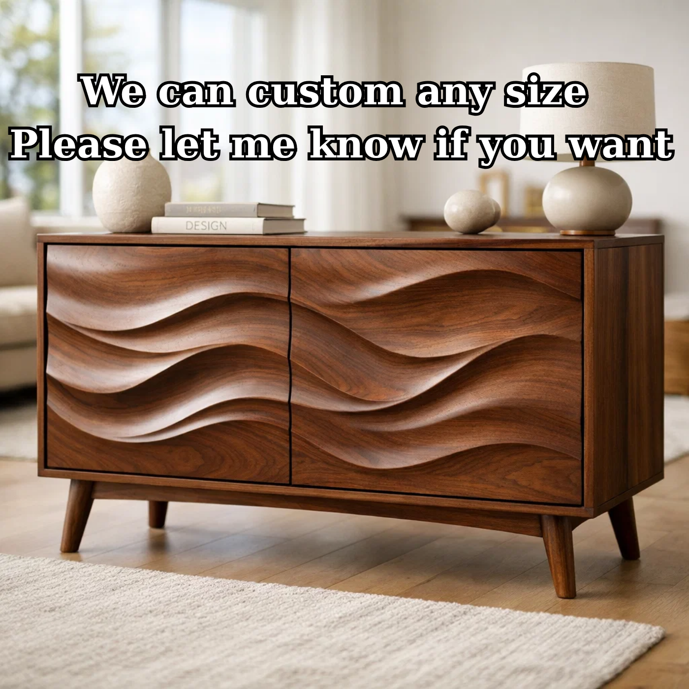 Solid Wood Console Table with Sculptural Wave Doors and Mid-Century Legs - view 7 of 9