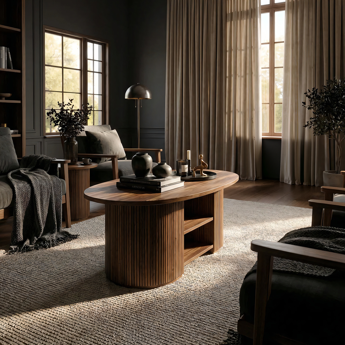 Oval Coffee Table with Fluted Base and Dual Shelf Storage - view 4 of 7