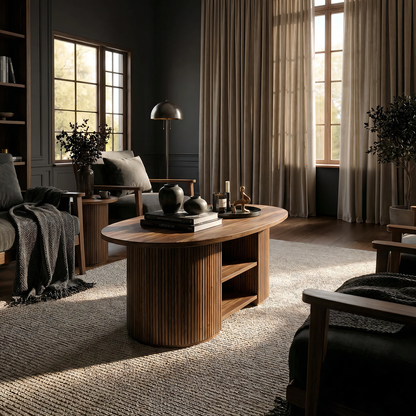 Oval Coffee Table with Fluted Base and Dual Shelf Storage - view 4 of 7