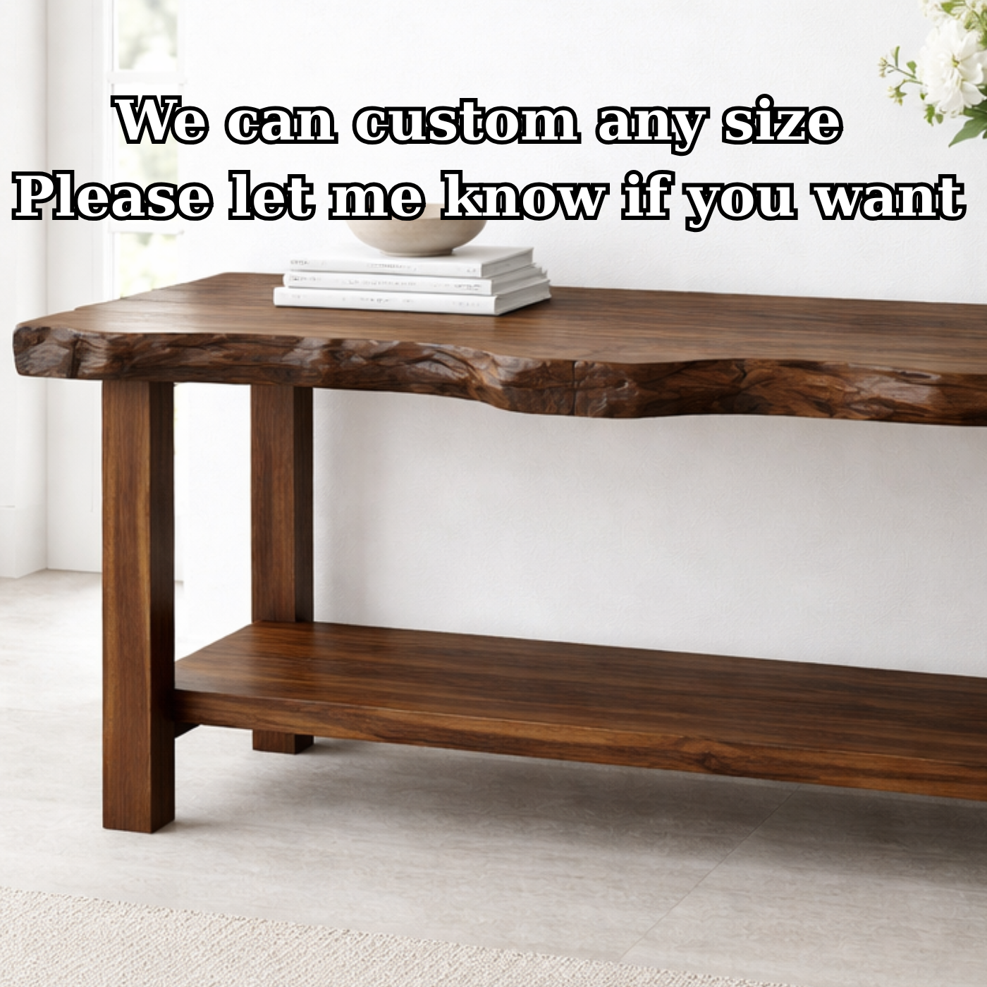 Solid Wood Console Table with Live Edge Top – Rustic Entryway & Sofa Table with Shelf - view 7 of 9