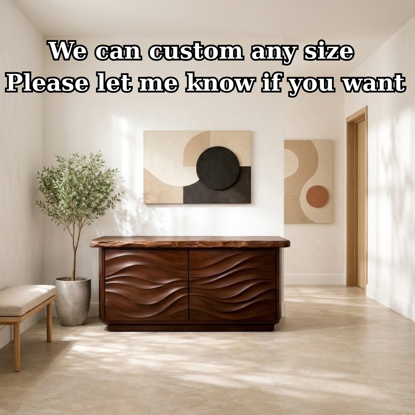 Solid Wood Console Table with Carved Wave Doors – Modern Sculptural Entryway Cabinet - view 7 of 9