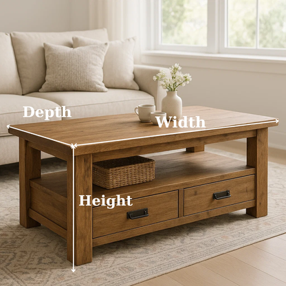 Handcrafted Solid Wood Coffee Table – Rustic Farmhouse Storage with Two Drawers and Shelf - view 3 of 6